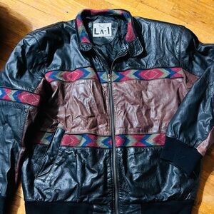 Vintage 80s Adler LA1 Black and Brown Leather Bomber Jacket Native Mens Large
